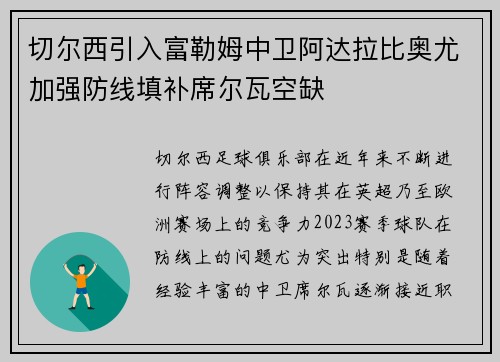 切尔西引入富勒姆中卫阿达拉比奥尤加强防线填补席尔瓦空缺 切尔西引入富勒姆中卫阿达拉比奥尤加强防线填补席尔瓦空缺